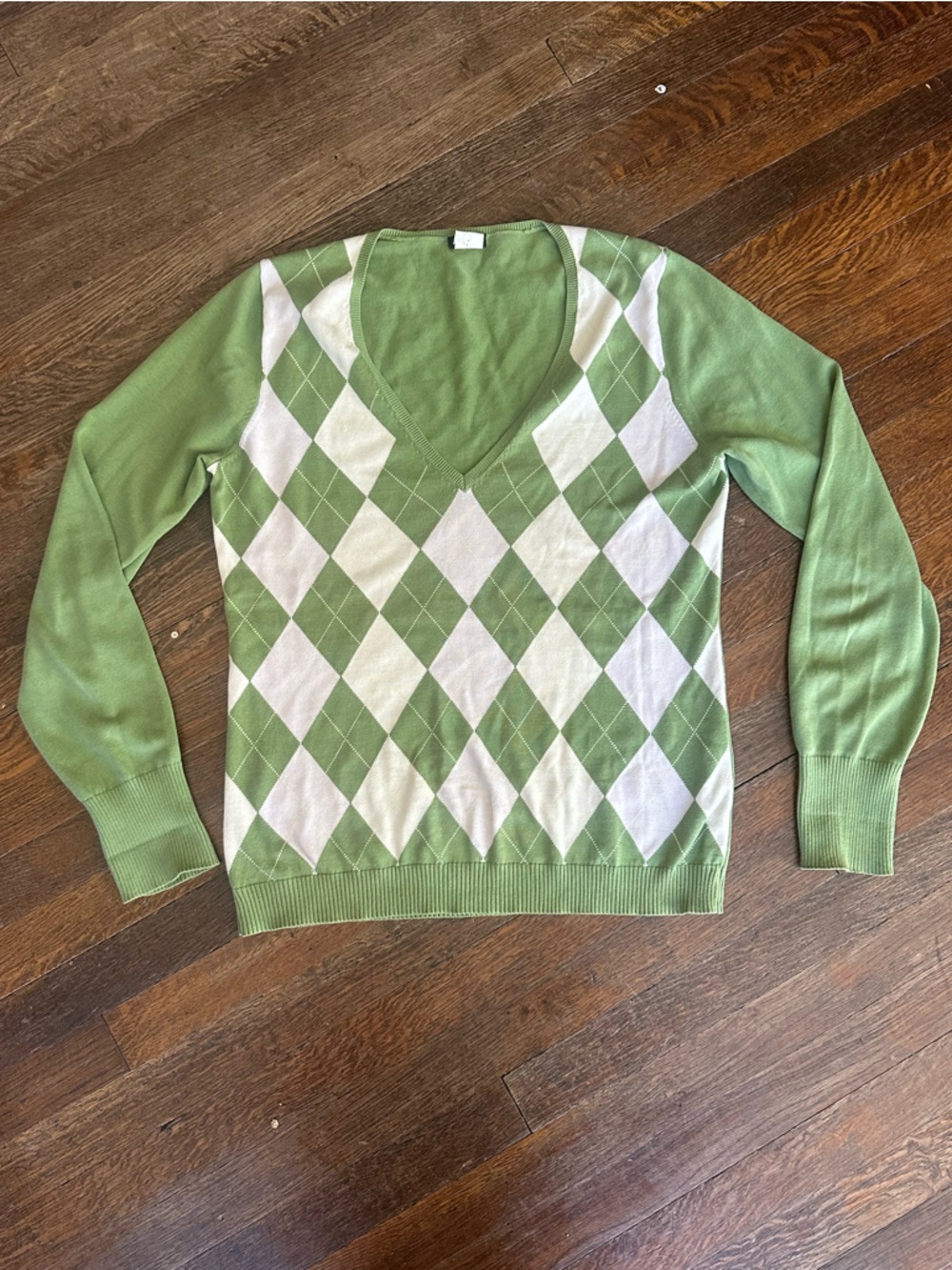 J. Crew Green and White Argyle V-Neck Sweater